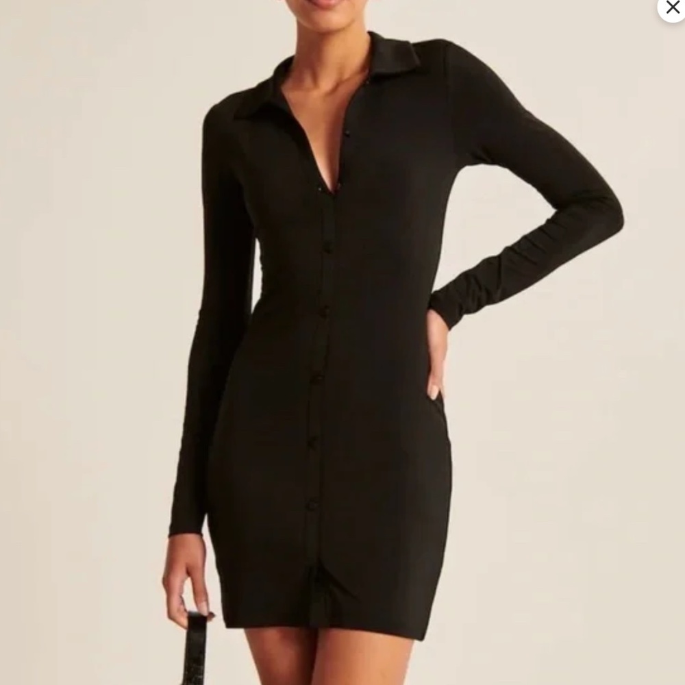 Abercrombie & Fitch Long Sleeve Button Down Slinky Knit Dress in Black Size Med